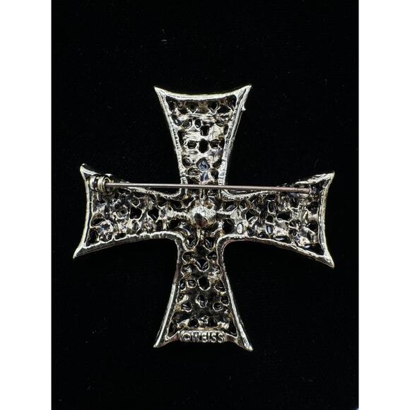 Vintage Weiss Maltese Cross Peridot Green Rhinestone Brooch - Picture 2 of 7